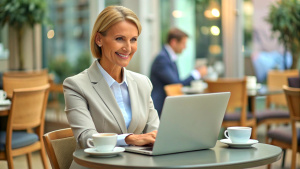 Widely smiling businesswoman working on laptop sitting in a cafe