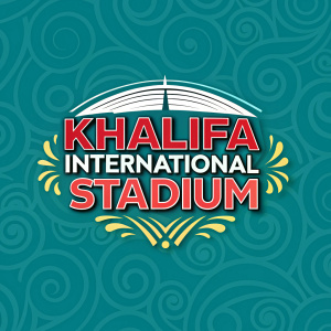 Logo design for Khalifa International Stadium. Modern, vibrant colors. Red text 'Khalifa International Stadium' against teal background with swirling patterns.