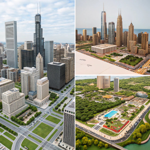 Collage-style image featuring Dieguez's urban planning design. Shows intricate 3D models of buildings and streets.