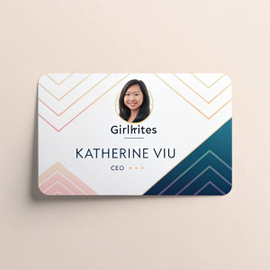 Professional business card for Katherine Vu, CEO of GirlRites. Features modern logo, contact info including email and phone.