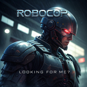 Concept art of RoboCop. Futuristic armor with a terrifying, jagged visage. 'RoboCop' logo at the helm, 'Looking for me?' slogan beneath