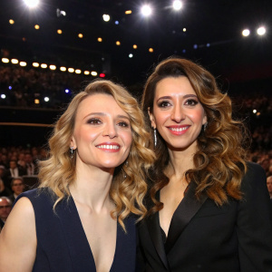 Kate McKinnon and Nasim Pedrad, both with curly hair, at a comedy awards ceremony. They are standing in front of a crowd.