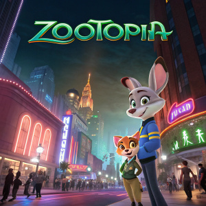 Official movie poster of Zootopia. Bright neon colors, Disney logo at top left corner