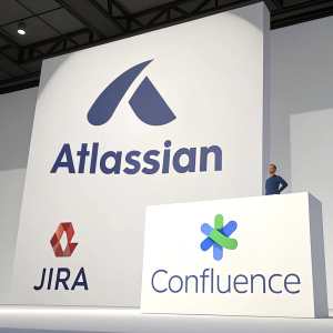 Large Atlassian logo with smaller JIRA and Confluence logos beside it. White background, technology conference.