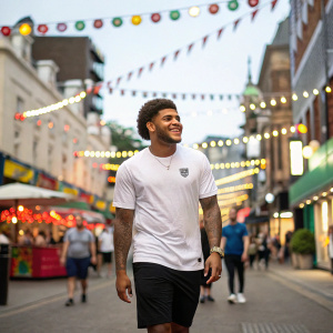 DeAndre Yedlin, wearing a white t-shirt and black shorts, is at a busy city street festival. No soccer ball, no stadium background.