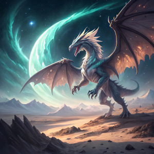 Airdramon, a fearsome dragon-like Digimon, flies gracefully over an alien landscape. Its wingspan casts shadows on the desolate terrain. The background features an otherworldly nebula