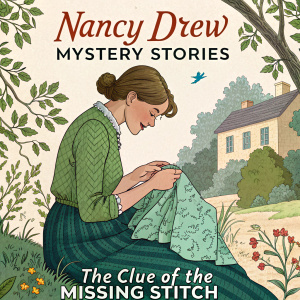 Vintage illustration for Nancy Drew Mystery Stories featuring 'The Clue of the Missing Stitch'. Carolyn Keene's iconic protagonist in a detailed green dress, working on a sewing project outdoors. Mid-20th century aesthetic with intricate artwork.