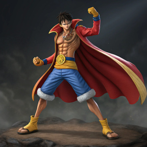 Rendering of Luffy from One Piece, muscular and dynamic pose. Superhero-like outfit. Dark, shadowy background