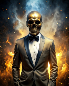 effect, photoshop action, realistic black gold skull with human body in tuxedo, fire, sparks, dust, explosion, smoke, sand, shadows, glow, glow, glare, light, slim, in style: serious, business, wise, quality xd, 