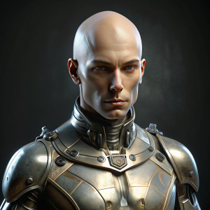 A realistic full body bald man Android, silver and gold ultra-detailed 