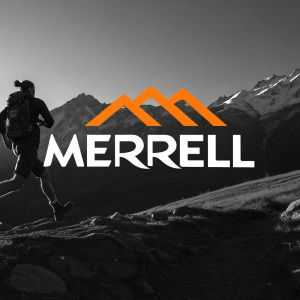 Digital marketing graphic with a bold Merrell logo. Black background, modern design, stylized trail logo character