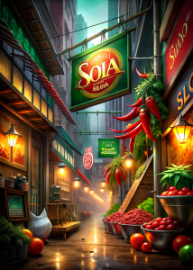 salsa soja cayendo sobre rotulos publicitarios en fachada bangkok mercado en la calle fondo negro