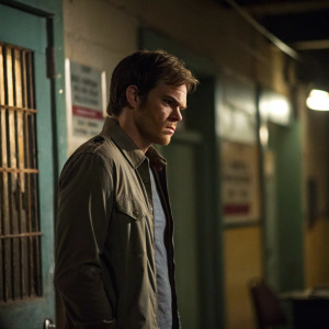 Michael C. Hall, starring as Dexter Morgan, standing in a dimly lit interrogation room set. The background features blurred police station signage.