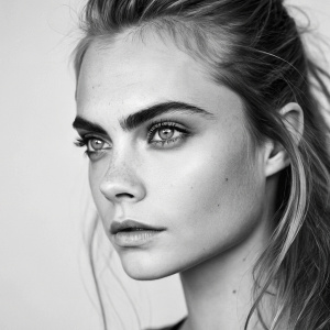 Cara Delevingne, fashion model, black and white photograph. High resolution, close-up shot. Empty background
