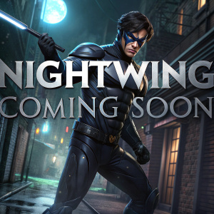 Dynamic pose of a superhero. Dark, moody alleyway background with neon signs. Nightwing in sleek, black armor. Bold, white text: 'Nightwing - Coming Soon'