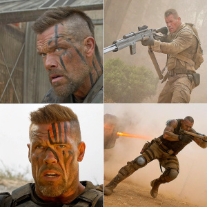 Josh Brolin as Cable in multiple action poses, showcasing his intense expressions and unique facial tattoos. Different angles highlight his rugged appearance and dynamic movements.