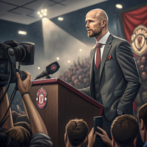 Erik Ten Hag, in a formal suit, giving a press conference. Fans and reporters crowd the room.