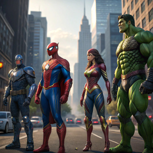 Digital art depicting a lineup of superheroes: Wonder Woman, Spider-Man, Cyborg, and the Hulk, standing against a dynamic cityscape background, each hero's costume in vibrant, detailed colors, reflecting their unique identities and powers.