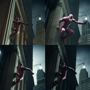 Sequential comic panels featuring Daredevil. Blue and purple color scheme. Panels showcase dynamic poses and movements. Cityscape background with intricate details. Red suit contrasts against the backdrop.