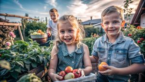 Lachende Kinder die im Garten Obst und Gemüse anbauen und Kinder die am Spielen sind, vor dem Hintergrund der wunderschönen Natur, sonnige, fröhliche Stimmung