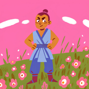 Digital illustration of Sokka from 'Avatar: The Last Airbender', chibi style. Standing in a field of flowers with a determined look.