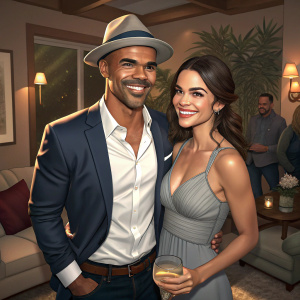 Shemar Moore and Anabelle Acosta at a casual gathering. They are smiling brightly.