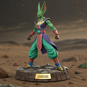 3D render of Beerus from Dragon Ball Z. Posed in action stance. Figure predominantly green with accents of brown and red. Displayed on rocky base labeled 'Beerus'