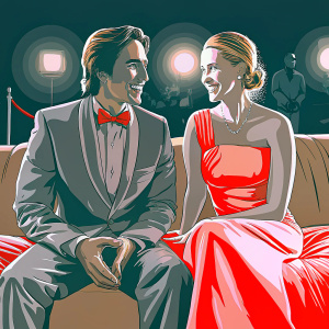 Milo Ventimiglia and Mandy Moore, dressed formally, sitting together on a couch during an awards show.