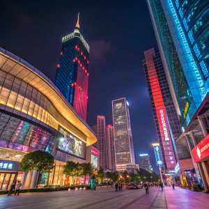 Xinyi District at night, bustling with vibrant lights and modern architecture. Low angle shot, showcasing tall buildings and colorful facades.