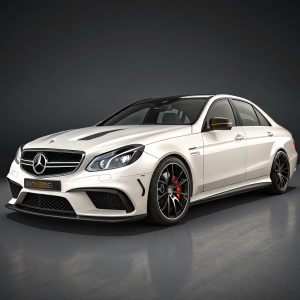 Detailed 3D model of a Mercedes-Benz E63 AMG, gleaming white. Emblems and trims highlight its sporty design. Dark grey studio backdrop
