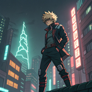 Katsuki Bakugou, character from My Hero Academia, in a dramatic pose. Neon cityscape background