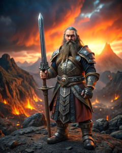 Dwarf gimmli with dark souls armour dark style with dirty and Blut big sword on a mountain Umgebung Lava 