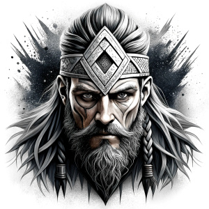 walhalla, viking warrior,  runics face, black work, white backrounds