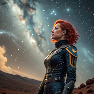Jetpack Jill, a futuristic heroine, with vibrant red hair, stands amidst a cosmic landscape. She wears a sleek, high-tech bodysuit in dark and radiant colors, adorned with golden highlights. The backdrop is a swirling nebula with countless stars.