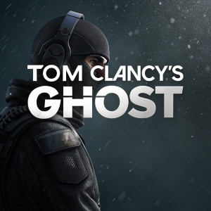 Tom Clancy's Ghost Recon logo, a digital artwork. Futuristic and stealthy vibe. Dark, textured background with the logo in bold, modern font. Colors are black and grey.