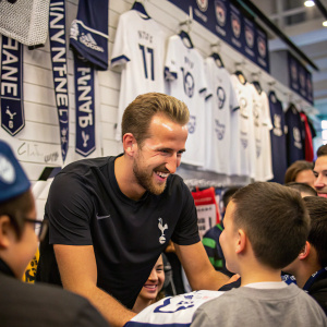 Footballer Harry Kane at an autograph signing. Crowd of fans, shop decorated with Spurs banners and merchandise.