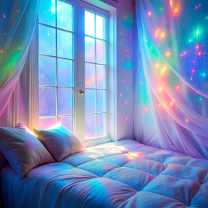  close up soft pastel real retro  bed window The Bioluminescent phenomenon soft  pastel Holographic 
      