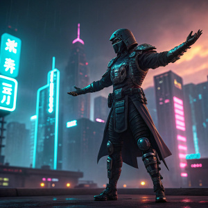 Concept art for a Mortal Kombat reboot. Cybernetic ninja warrior, outstretched arms, neon-lit cityscape background.