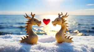 sea, Winter, background for the game, 'Chinese new year', two 'wooden dragon'