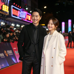 Jo In-sung and Park Bo-young at a vibrant red carpet event. They wear black suit and white coat respectively. Backed by neon-lit banners