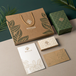 Recizar's brand identity redesign. Modern logo, business cards, and packaging in earthy tones.