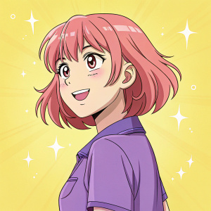 Akane Shinjo from SSS Gridman anime, youthful and cheerful. Pink hair, purple shirt, against bright yellow backdrop.