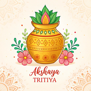 Digital illustration of an ornate golden kalash and the phrase 'Akshaya Tritiya' in vibrant colors. Festive design