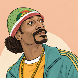Snoop Dogg, with his signature mustache and iconic hairstyle, featured in a cartoon illustration.