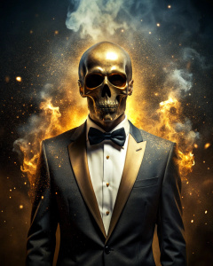 effect, photoshop action, realistic black gold skull with human body in tuxedo, fire, sparks, dust, explosion, smoke, sand, shadows, glow, glow, glare, light, slim, in style: serious, business, wise, quality xd, 