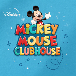 Logo for Mickey Mouse Clubhouse. Colorful design, playful font, blue background, Disney logo at top left corner.