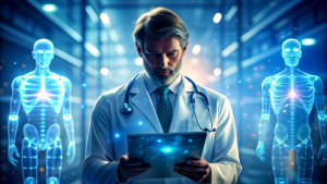  Medical technology, innovation health and medical research, healthcare and medicine concept. Doctor or technician working with AI data analysis, lab experiment, data science