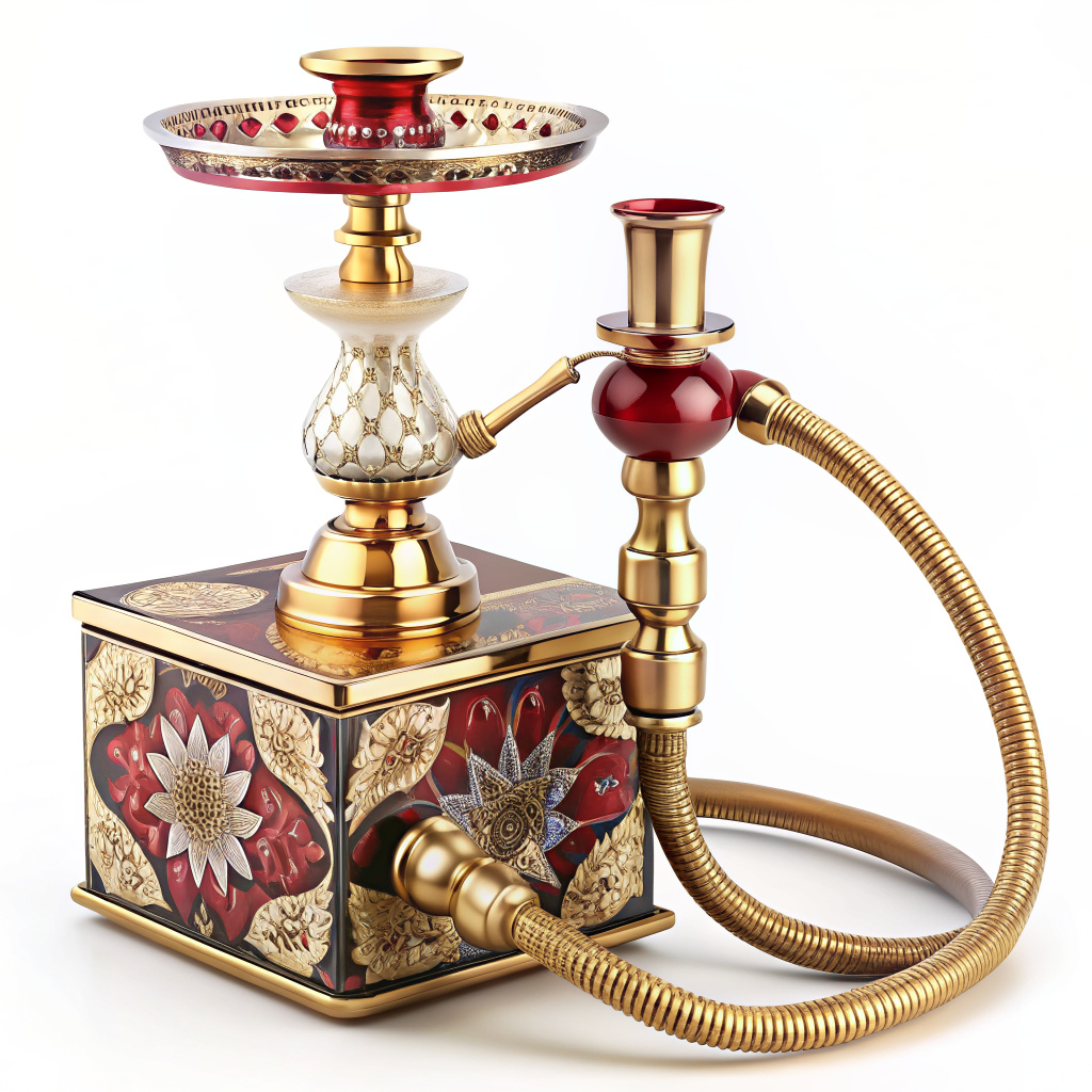 Create a rectangular hookah with a gold and glass,ruby,diamond body, a long smoking pipe decorated with elegantly engraved floral patterns. Create a detailed hyper-realistic digital image on a white atlas background with an emphasis on depth of field.