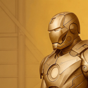 Highly detailed sketch of Tony Stark's Iron Man suit. Realistic metal texture. Dark, industrial backdrop.