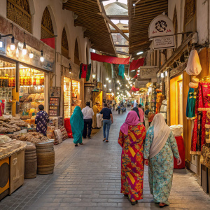Vibrant marketplace scene in Manama Souq, Bahrain. Colorful traditional clothing, bustling stalls filled with goods.